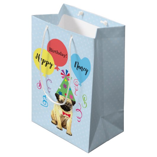 Birthday Party Balloons Pug Medium Gift Bag Medium Cadeauzakje (Voorkant Gekanteld)
