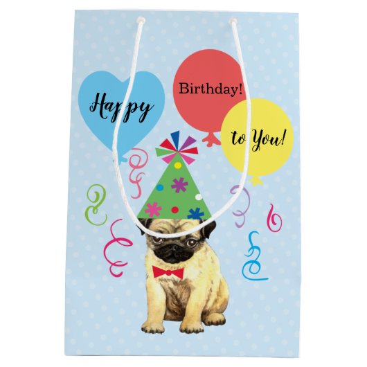 Birthday Party Balloons Pug Medium Gift Bag Medium Cadeauzakje (Achterkant)