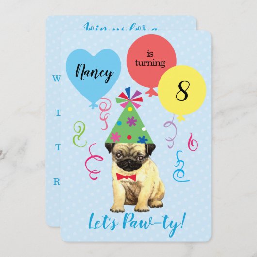 Birthday Party Balloons Pug Uitnodiging (Voorkant / Achterkant)