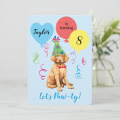 Birthday Party Balloons Vizsla Invitation Kaart (Staand voorkant)