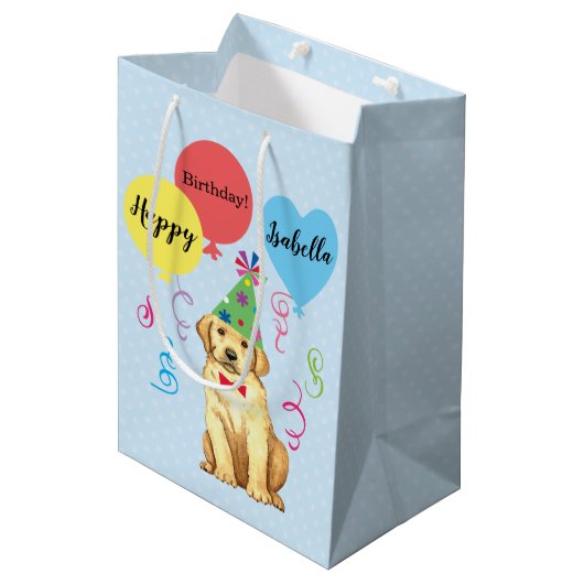 Birthday Party Balloons Yellow Lab Medium Cadeauzakje (Voorkant Gekanteld)