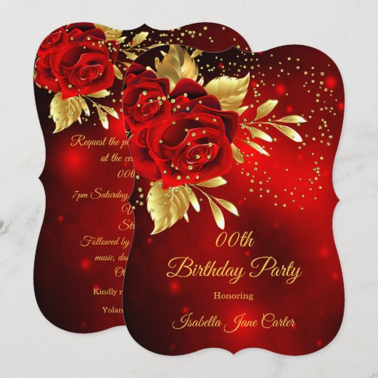 Birthday Party Beauful Red Rose Floral Gold Kaart (Voorkant / Achterkant)
