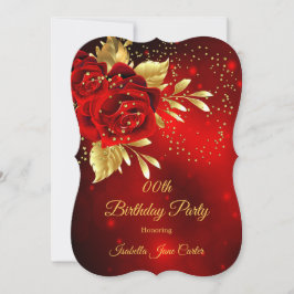 Birthday Party Beauful Red Rose Floral Gold Kaart