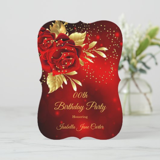 Birthday Party Beauful Red Rose Floral Gold Kaart (Staand voorkant)