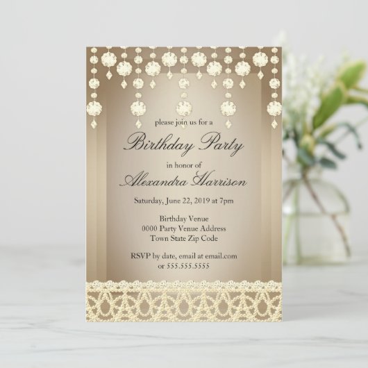 Birthday Party Beige Crystal Sepia Diamond Kaart (Staand voorkant)