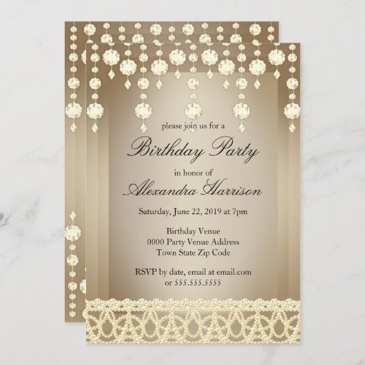 Birthday Party Beige Crystal Sepia Diamond Kaart (Voorkant / Achterkant)
