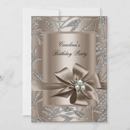 Birthday Party Beige Silver Pearl Damask 2 Kaart (Voorkant)