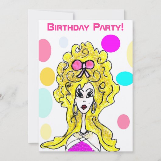 Birthday Party Big Hair Lady Cartoon Uitnodiging (Voorkant)