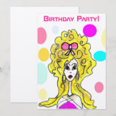 Birthday Party Big Hair Lady Cartoon Uitnodiging (Voorkant / Achterkant)