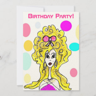 Birthday Party Big Hair Lady Cartoon Uitnodiging