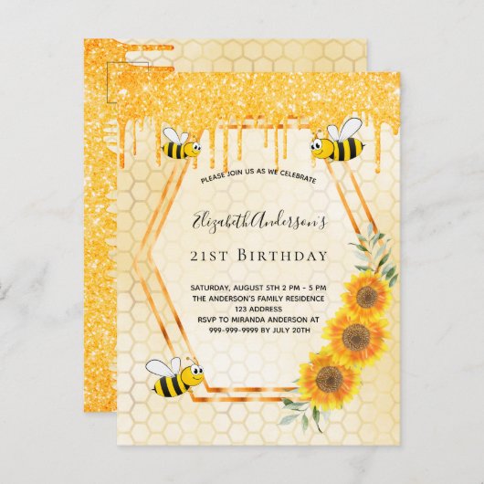 Birthday party bijen sunflower glitter uitnodiging (Voorkant / Achterkant)