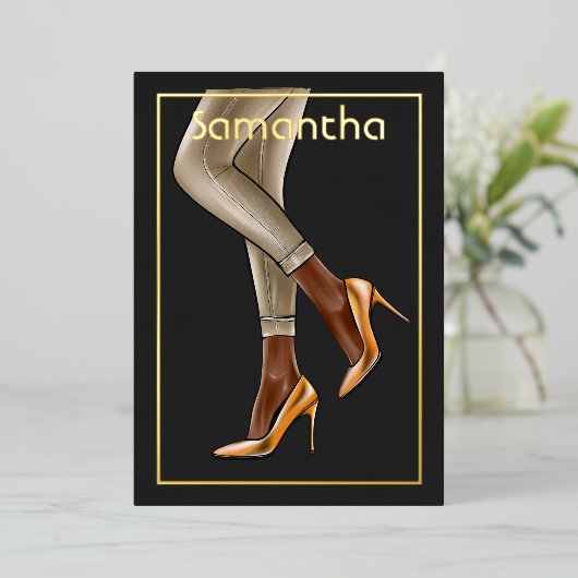 Birthday Party (Black and Gold Woman) Folie Uitnodiging (Staand Voorkant)