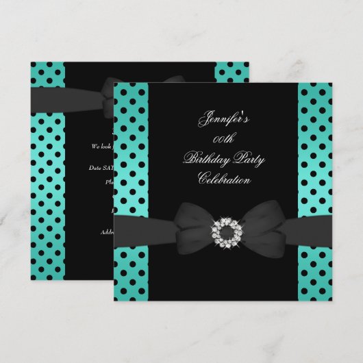 Birthday Party Black Blauwgroen Polka Dots Bow Kaart (Voorkant / Achterkant)
