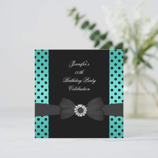 Birthday Party Black Blauwgroen Polka Dots Bow Kaart (Staand voorkant)