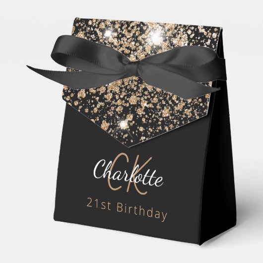 Birthday Party black glitter gold monogram Bedankdoosjes (Voorkant Zijde)