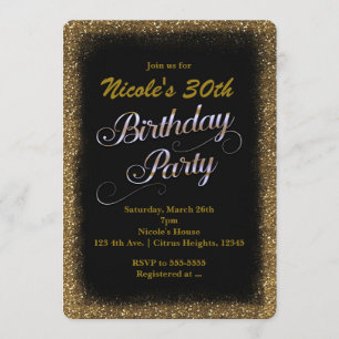 Birthday Party Black & Gold Glitter Invitation Kaart