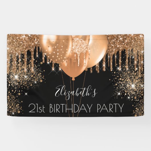 Birthday party black gold glitter name welkom spandoek (Horizontaal)