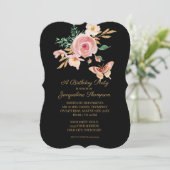 Birthday Party Black in Blush Butterfly w Flowers Kaart (Staand voorkant)