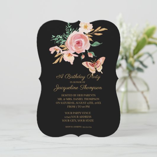 Birthday Party Black in Blush Butterfly w Flowers Kaart (Staand voorkant)