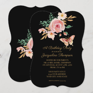 Birthday Party Black in Blush Butterfly w Flowers Kaart