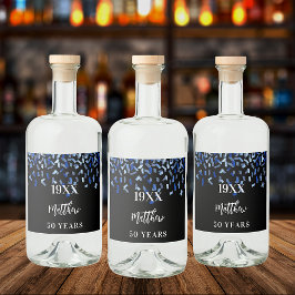 Birthday party black navy blue confetti naam jaren likeurfles etiket