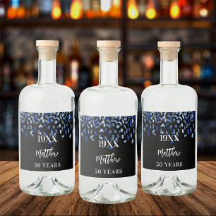 Birthday party black navy blue confetti naam jaren likeurfles etiket