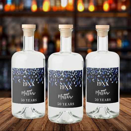 Birthday party black navy blue confetti naam jaren likeurfles etiket