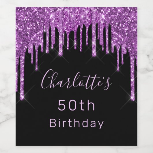 Birthday party black paars glitter drip roze glazu wijn etiket (Enkel label)