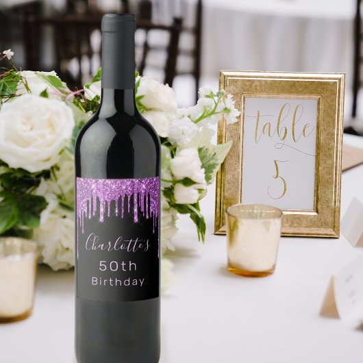 Birthday party black paars glitter drip roze glazu wijn etiket