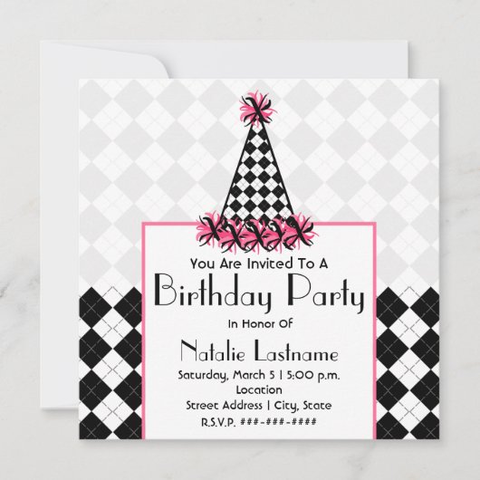 Birthday Party Black & Pink met Pet van Argyle Par Kaart (Voorkant)