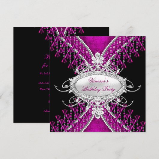Birthday Party Black Pink Plum Diamond Beads Kaart (Voorkant / Achterkant)