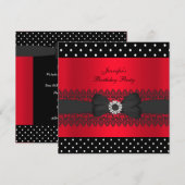 Birthday Party Black Red Polka Dots Bow Kaart (Voorkant / Achterkant)