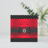 Birthday Party Black Red Polka Dots Bow Kaart (Staand voorkant)
