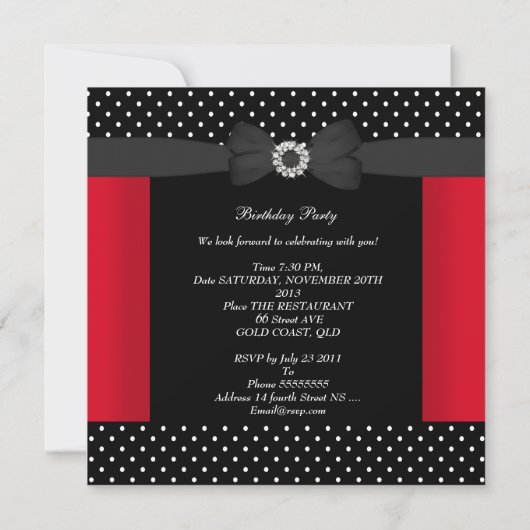 Birthday Party Black Red Polka Dots Bow Kaart (Achterkant)