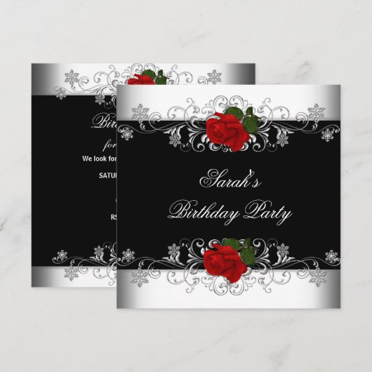 Birthday Party Black Red Rose White Flowers Kaart (Voorkant / Achterkant)