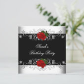 Birthday Party Black Red Rose White Flowers Kaart (Staand voorkant)