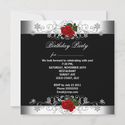 Birthday Party Black Red Rose White Flowers Kaart (Achterkant)