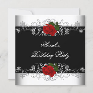 Birthday Party Black Red Rose White Flowers Kaart