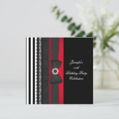 Birthday Party Black Red White Stripe Bow Kaart (Staand voorkant)