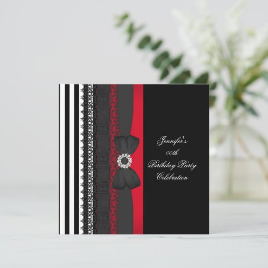 Birthday Party Black Red White Stripe Bow Kaart (Staand voorkant)