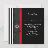 Birthday Party Black Red White Stripe Bow Kaart (Achterkant)