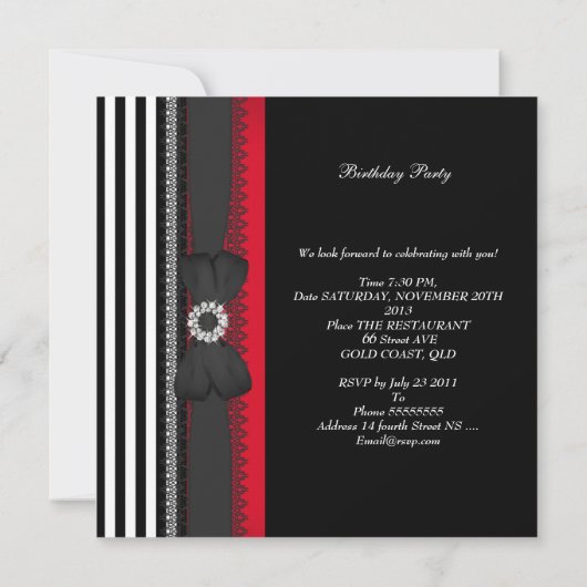 Birthday Party Black Red White Stripe Bow Kaart (Achterkant)