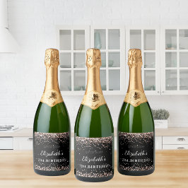 Birthday party black roos gold glitter name sparkling wijnetiket