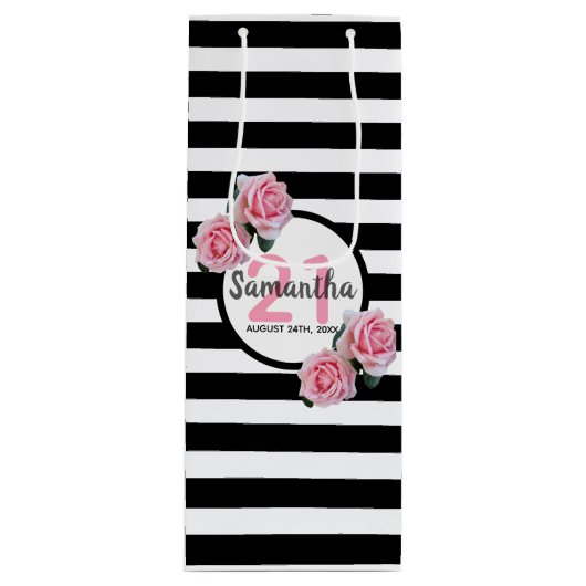 Birthday party black strees roze florals name wijn cadeautas (Voorkant)