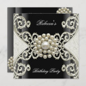 Birthday Party Black White Cream Pearl Kaart (Voorkant / Achterkant)