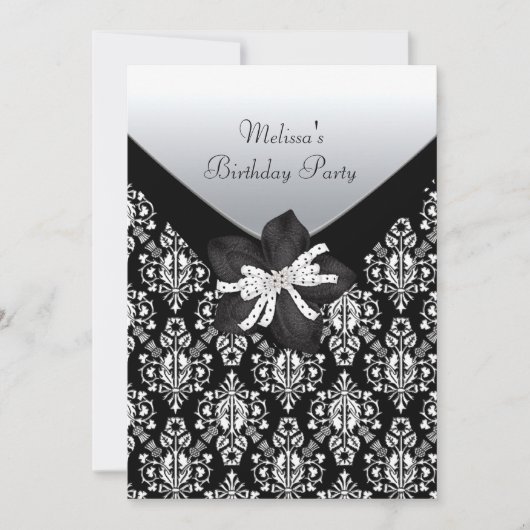 Birthday Party Black White Damask Kaart (Voorkant)