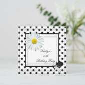 Birthday Party Black White Polka Dot Daisy Kaart (Staand voorkant)