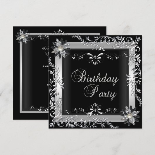 Birthday Party Black White Silver Kaart (Voorkant / Achterkant)