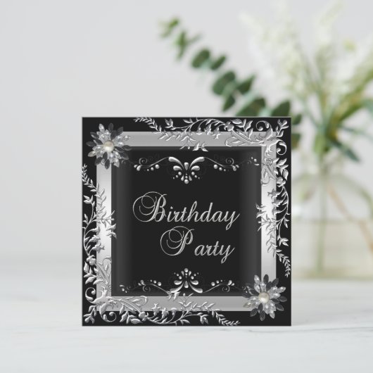 Birthday Party Black White Silver Kaart (Staand voorkant)