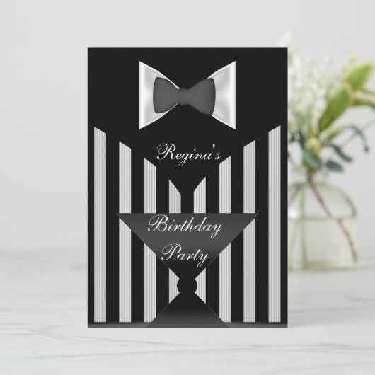 Birthday Party Black White stripe Bow stropdas Kaart (Staand voorkant)